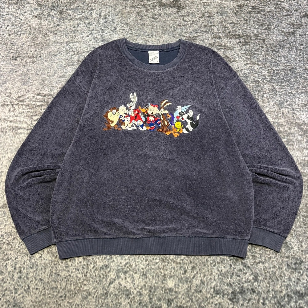 Vintage Looney Tunes Fleece Crewneck Sweatshirt Mens Large Navy Blue Embroidered